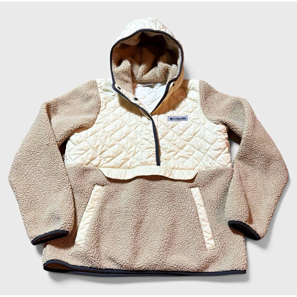 Columbia Quilted Sherpa Fleece Hoodie Womens S Cream Snap Pullover Gorpcore Cozy